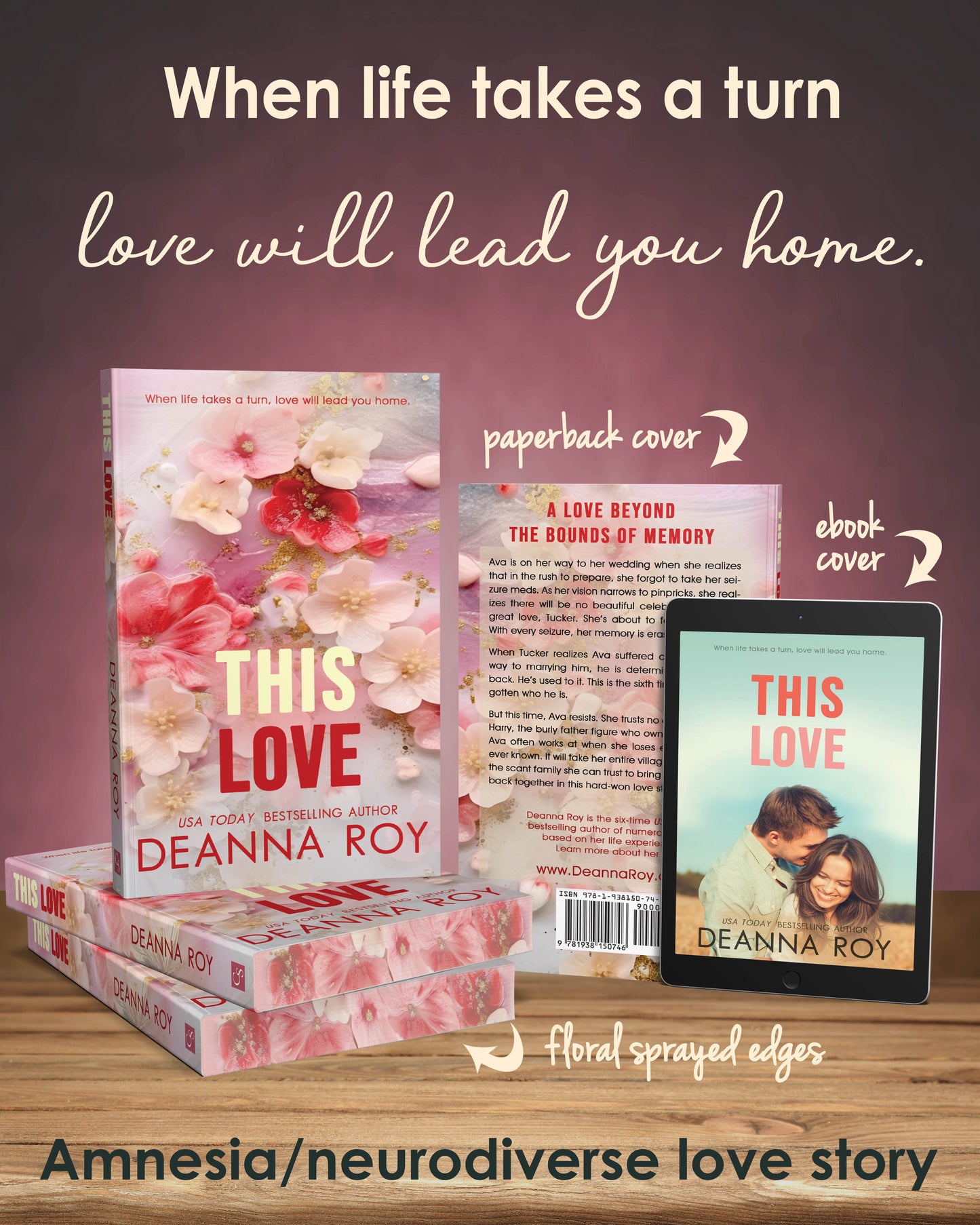 Book cover of 'This Love' by Deanna Roy with various formats displayed on a wooden surface.