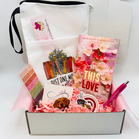 Gift box for Deanna Roy book This Love including a book sleeve, pen, and temporary tattoo