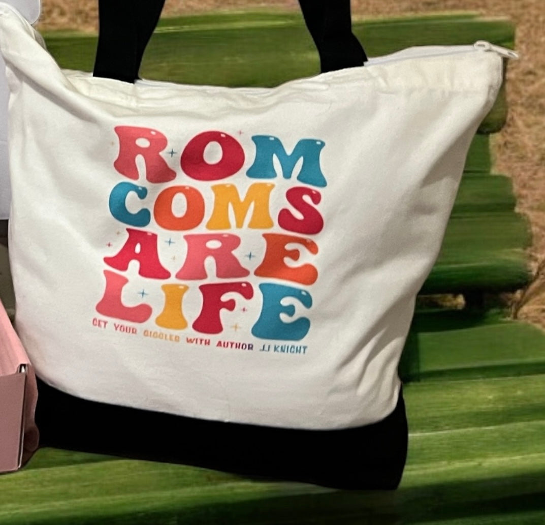 Rom Coms are Life canvas tote bag for readers and romantic comedy lovers