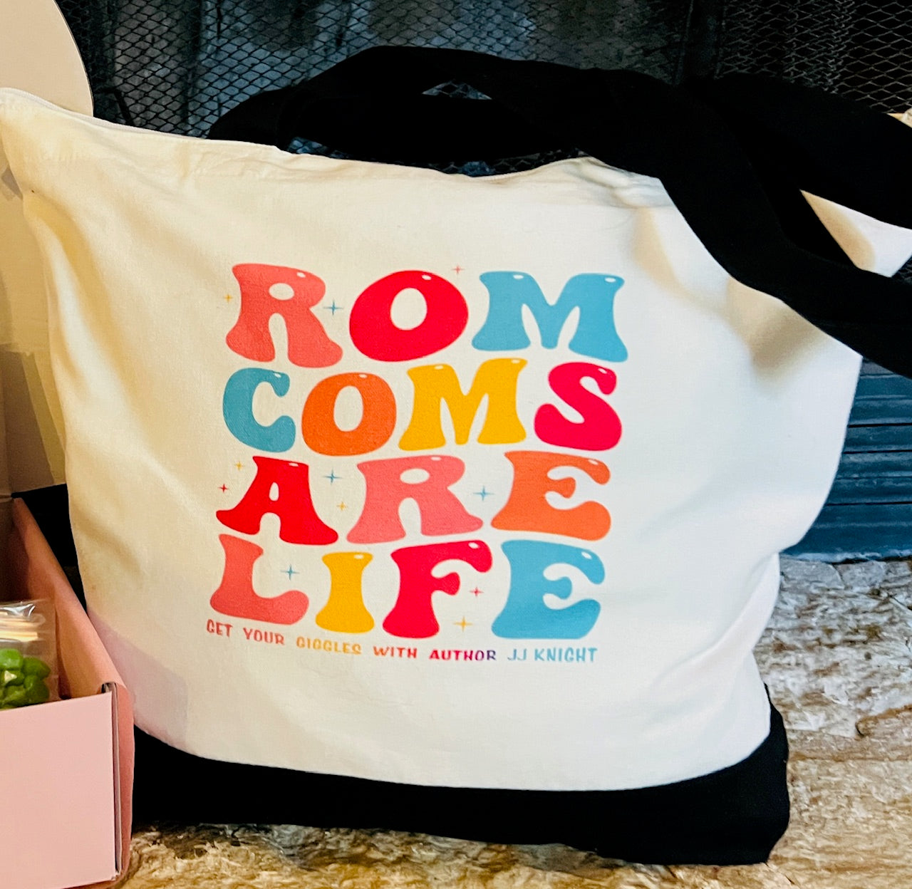 Rom Coms are Life canvas tote bag for readers and romantic comedy lovers