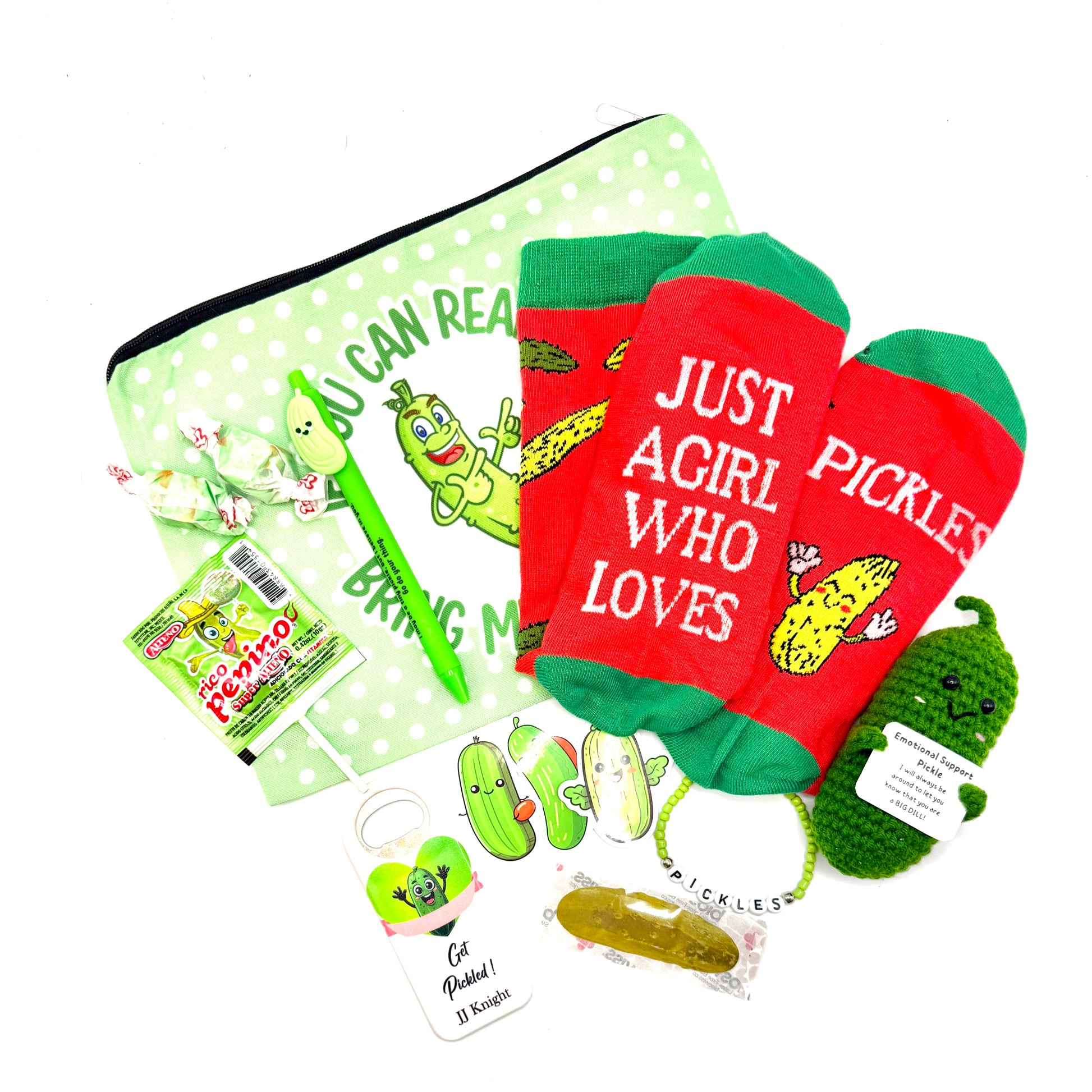 Pickle themed gift box with socks, bead bracelet, stuffed pickle, pouch, bottle opener and more at Love Story Box