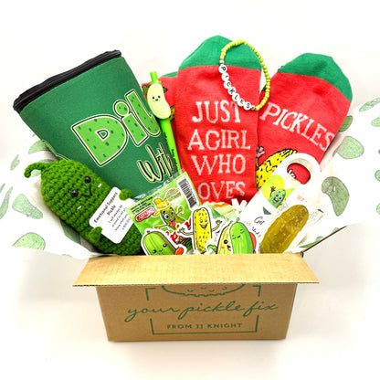 Pickle themed gift box with socks, bead bracelet, stuffed pickle, pouch, bottle opener and more at Love Story Box