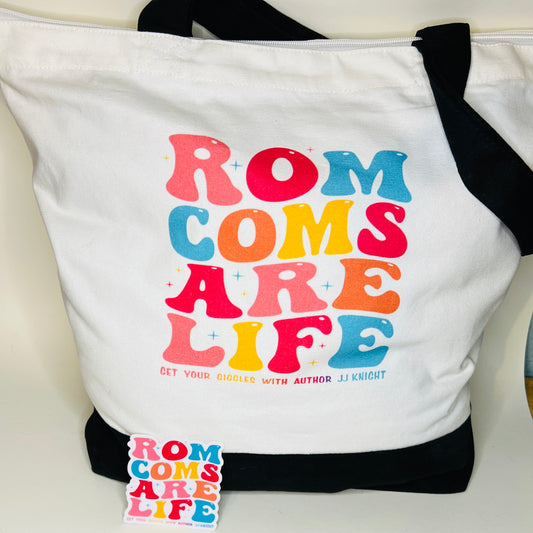 Rom Coms are Life canvas tote bag for readers and romantic comedy lovers