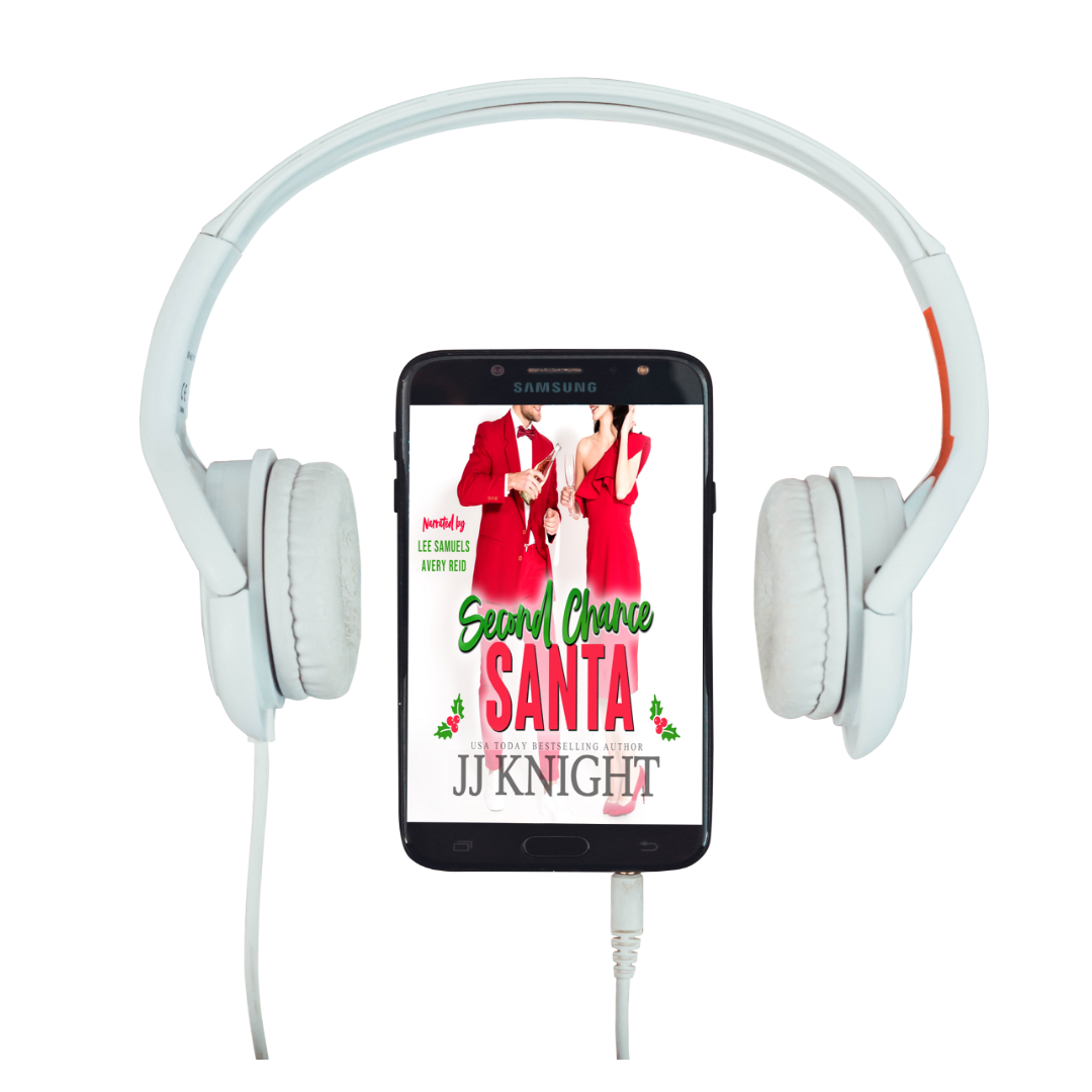 Samsung phone displaying 'Second Chance Santa' by JJ Knight with white headphones on a white background