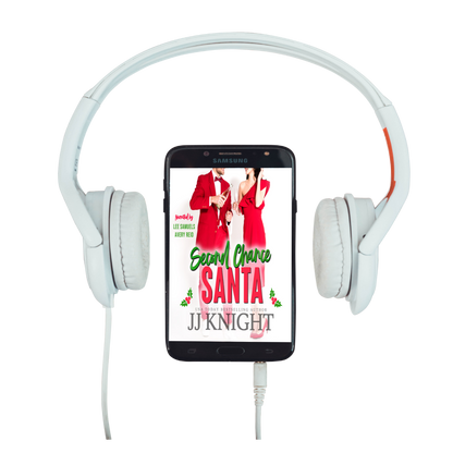 Samsung phone displaying 'Second Chance Santa' by JJ Knight with white headphones on a white background