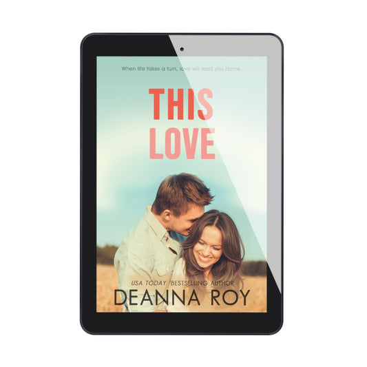 Tablet displaying a book cover with 'This Love' by Deanna Roy on a white background