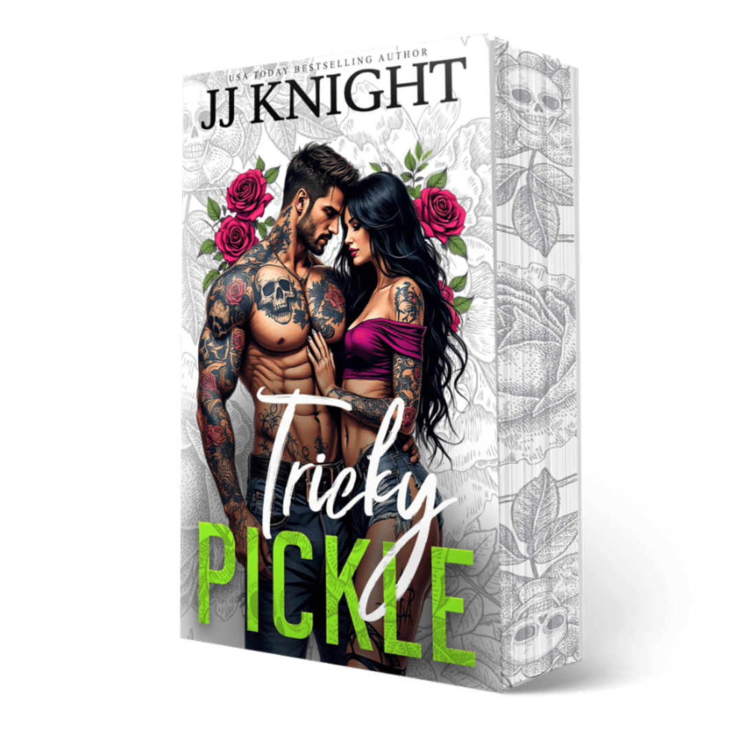 Book cover of 'Tricky Pickle' by JJ Knight featuring a couple with tattoos and roses.