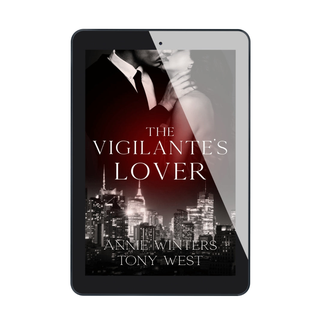 Tablet displaying the book cover of 'The Vigilante's Lover' by Annie Winters and Tony West on a white background.