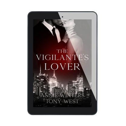 Tablet displaying the book cover of 'The Vigilante's Lover' by Annie Winters and Tony West on a white background.