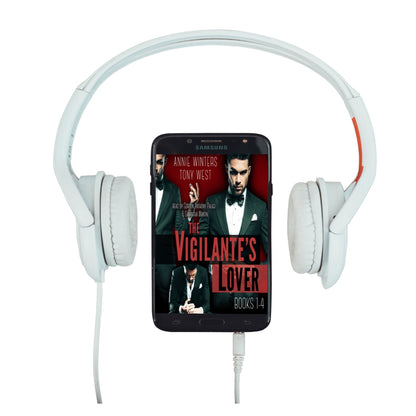White headphones with a smartphone displaying 'The Vigilante's Lover' book cover.