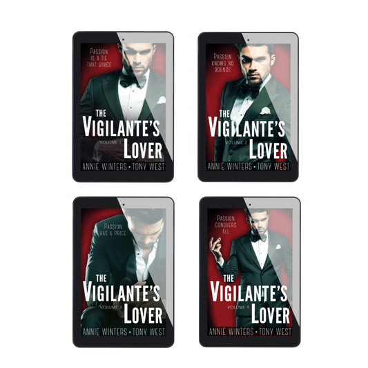 Four book covers of 'The Vigilante's Lover' by Annie Winters and Tony West on a white background.