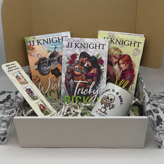 The Wicked Pickle romantic comedy motorcycle club book trilogy by author JJ Knight in a special edition box with a ceramic mug.