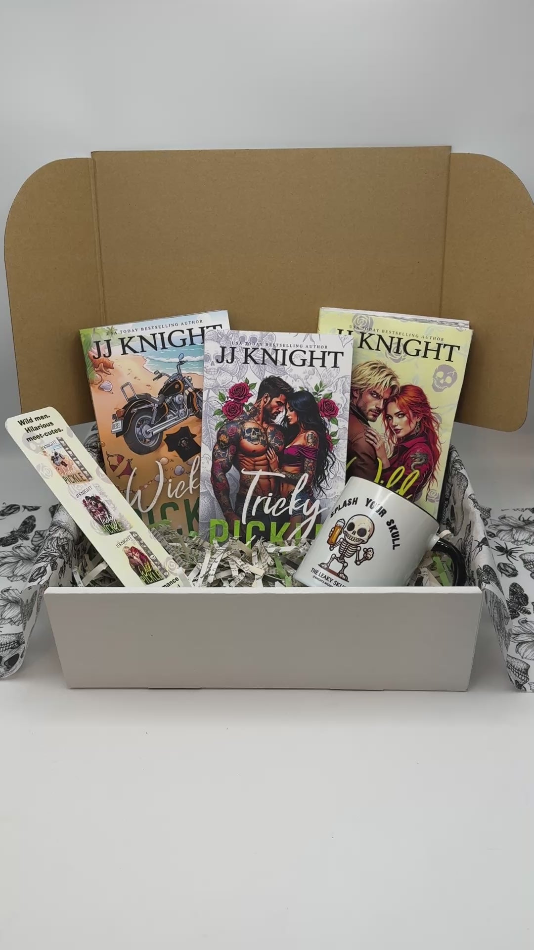 The Wicked Pickle romantic comedy motorcycle club book trilogy by author JJ Knight in a special edition box with a ceramic mug.
