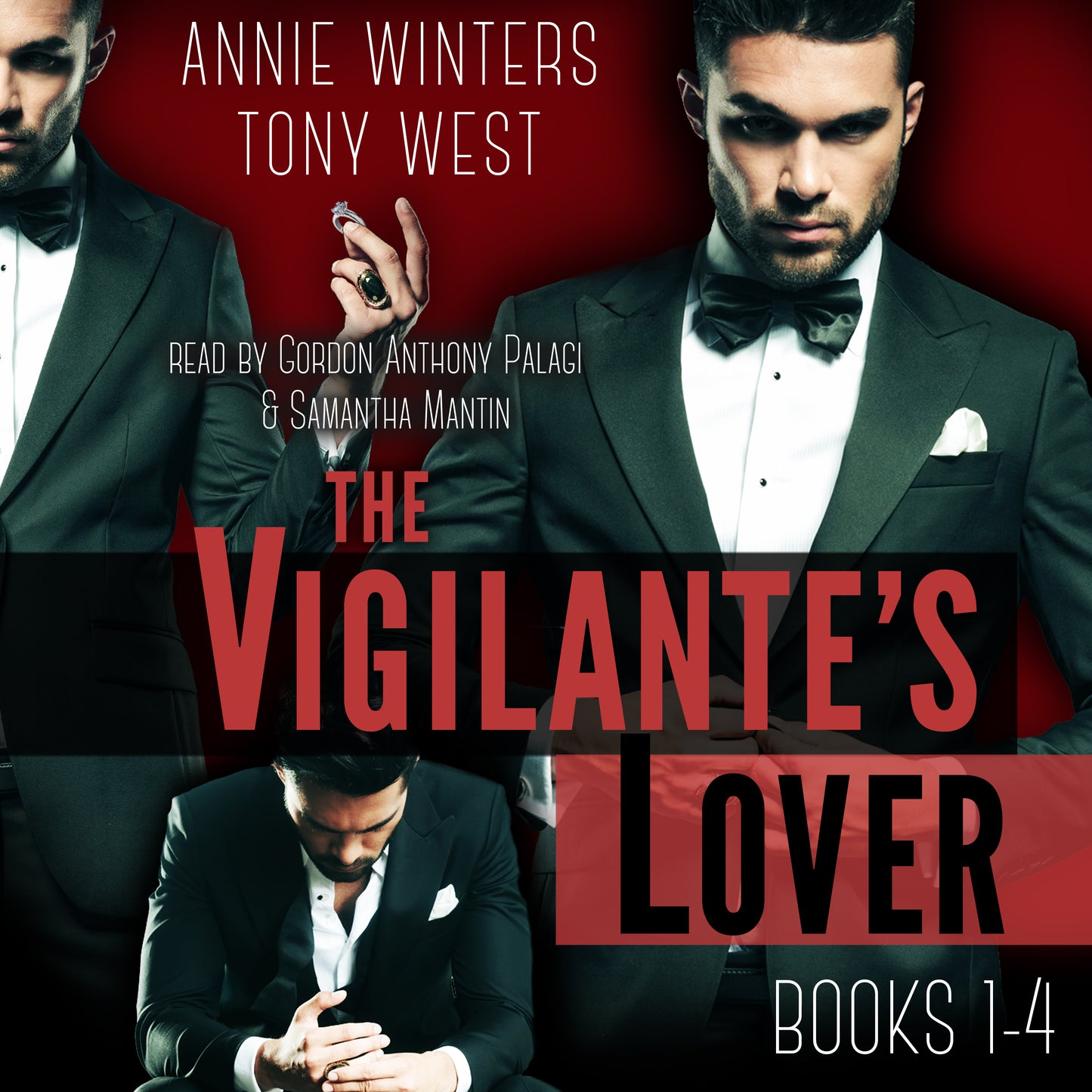Book cover of 'The Vigilante's Lover' with a man in a suit and text on a red background