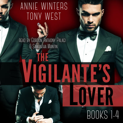 Book cover of 'The Vigilante's Lover' with a man in a suit and text on a red background